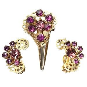 Vtg Purple Flower Brooch & Earrings Set Bouquet Gold Pin Rhinestones Retro Glam
